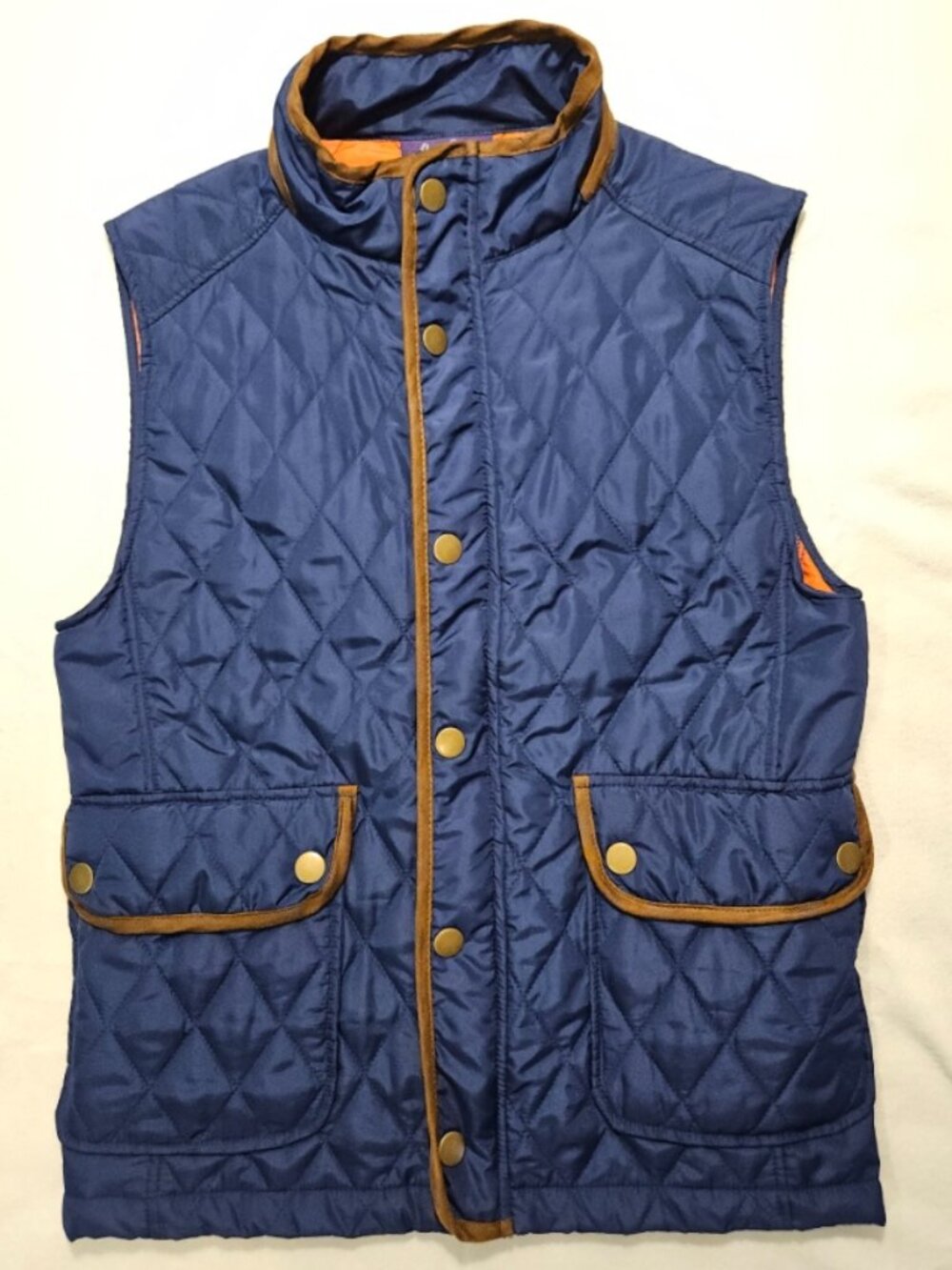 Alan Flusser Quilted Navy Blue Vest with Brown Trim